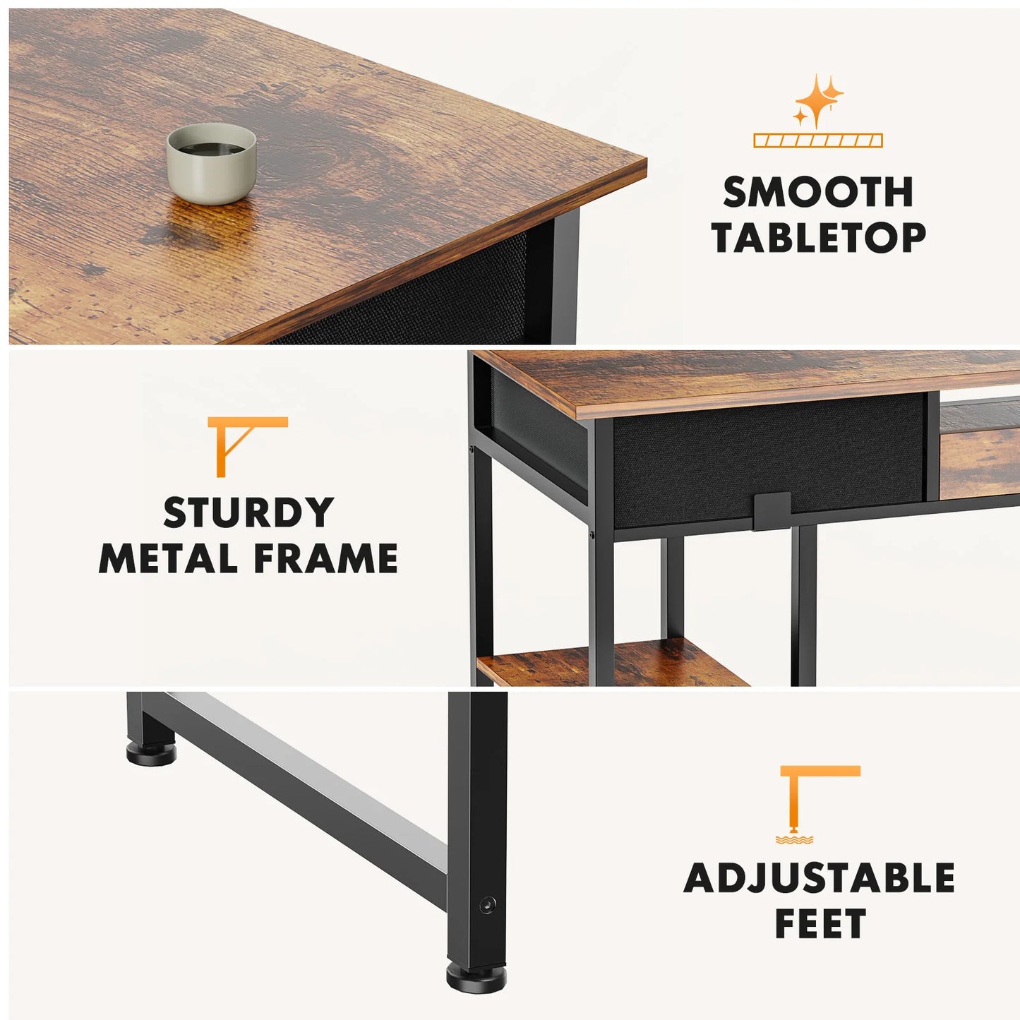 JHK Double Deck Office Desk With Fabric Storage Drawers