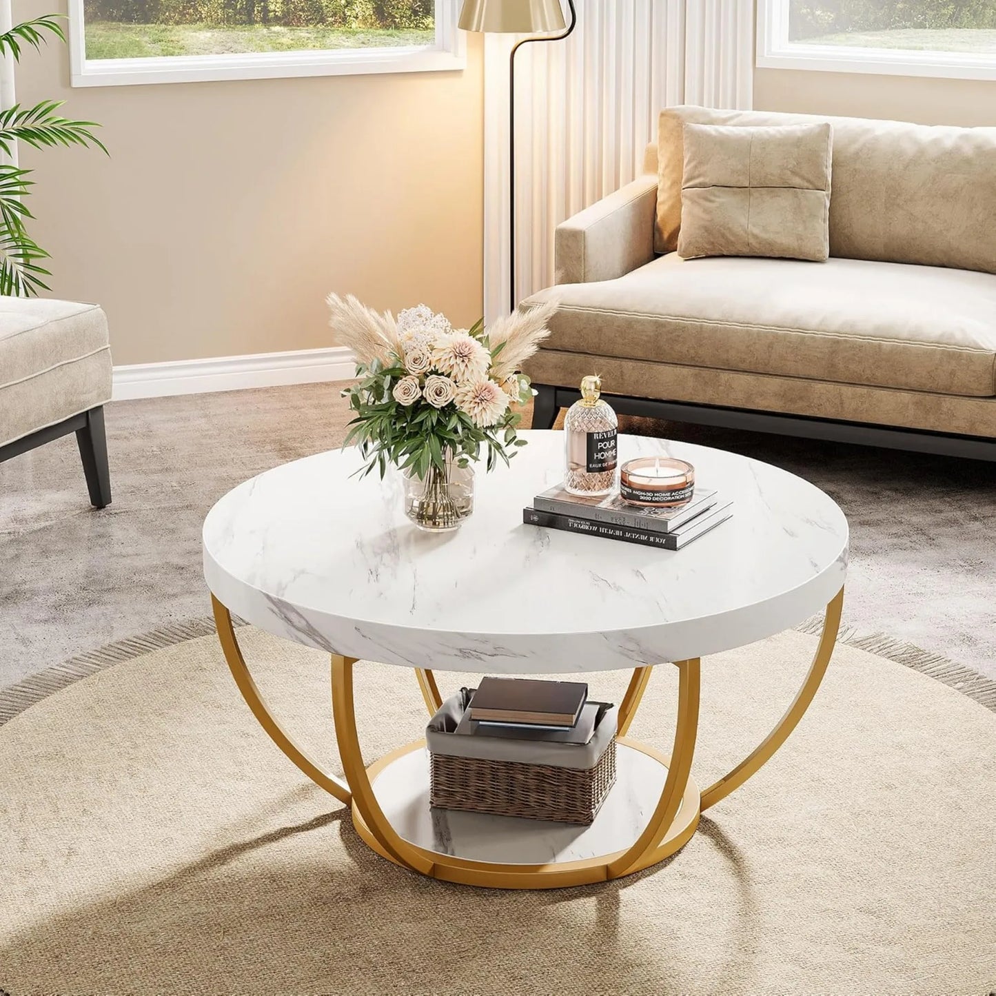 Hign-concerned Faux White Marble Two-Tier Coffee Table With Metal Legs
